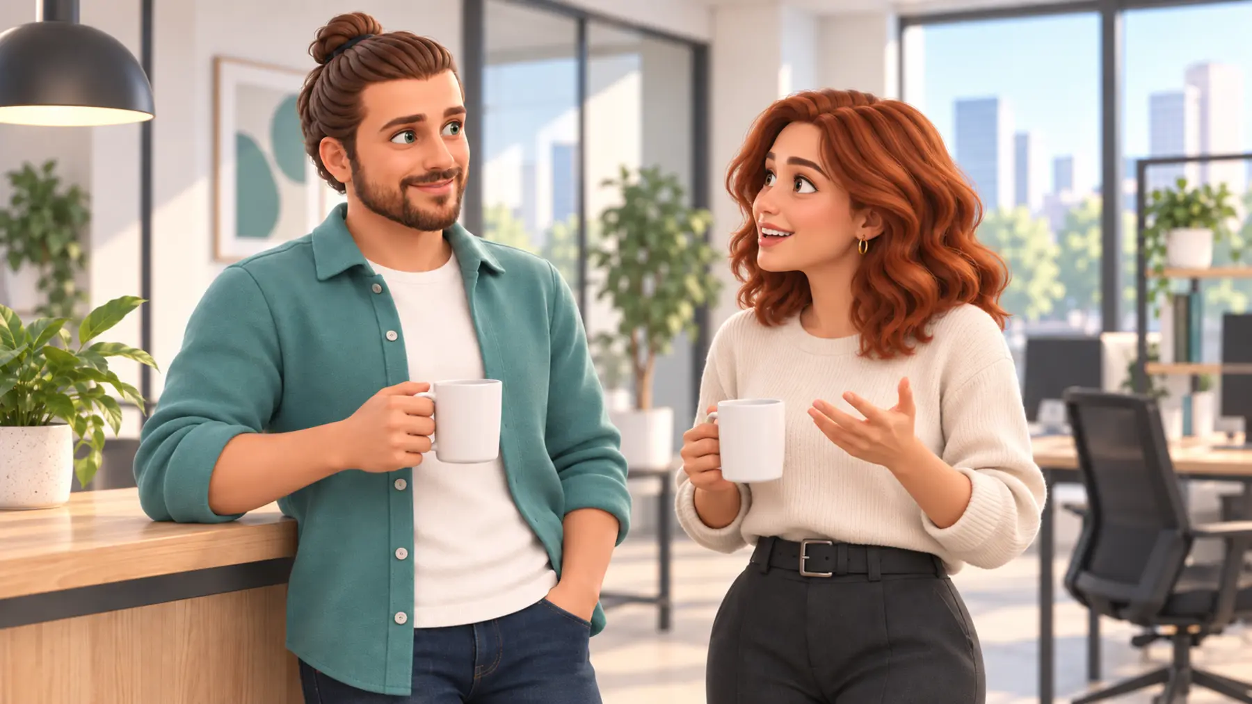 Harry discussing a project with a colleague in a bright office